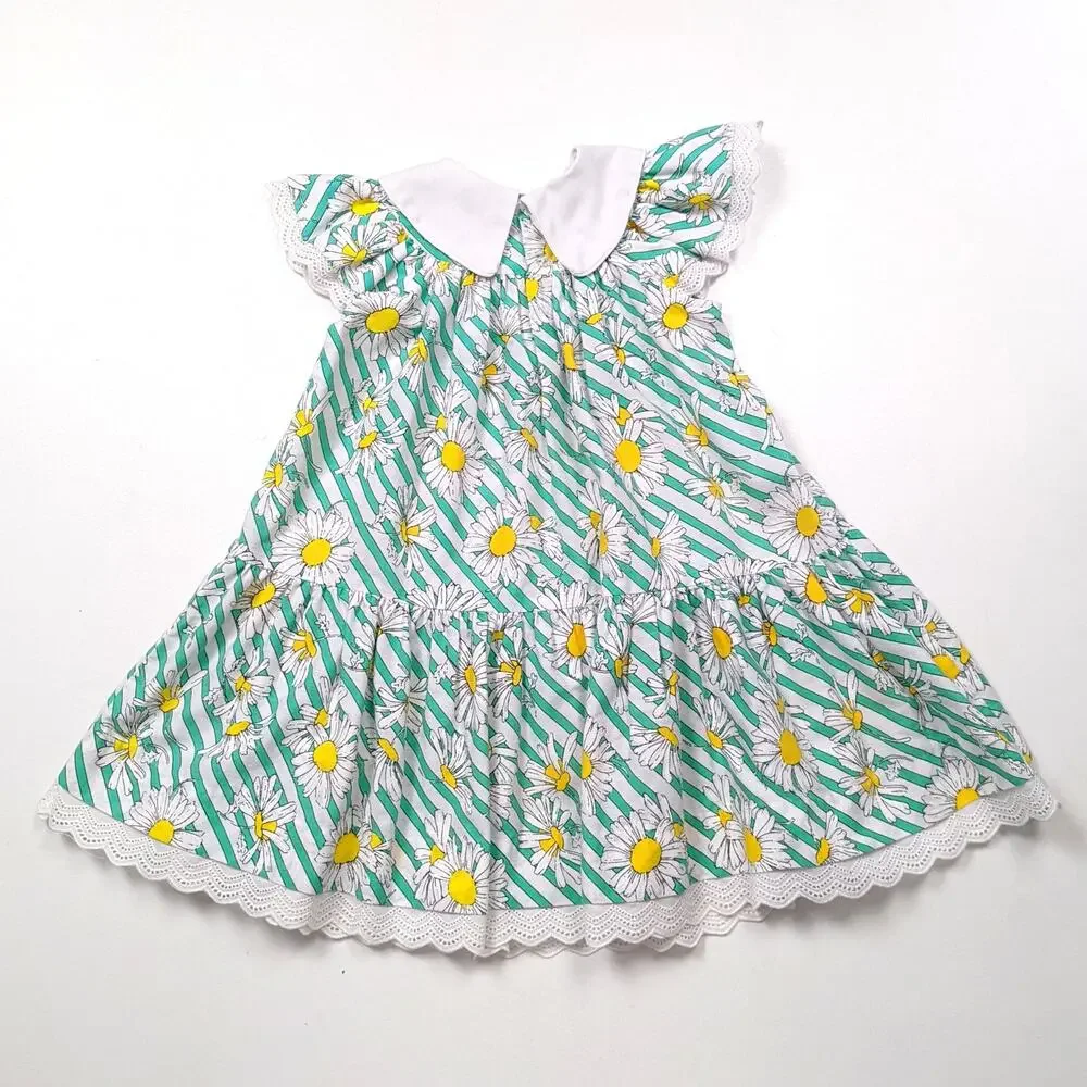 Vintage Nannette Dress Girls Size 4T Green Daisy Floral Flutter Sleeve Sundress